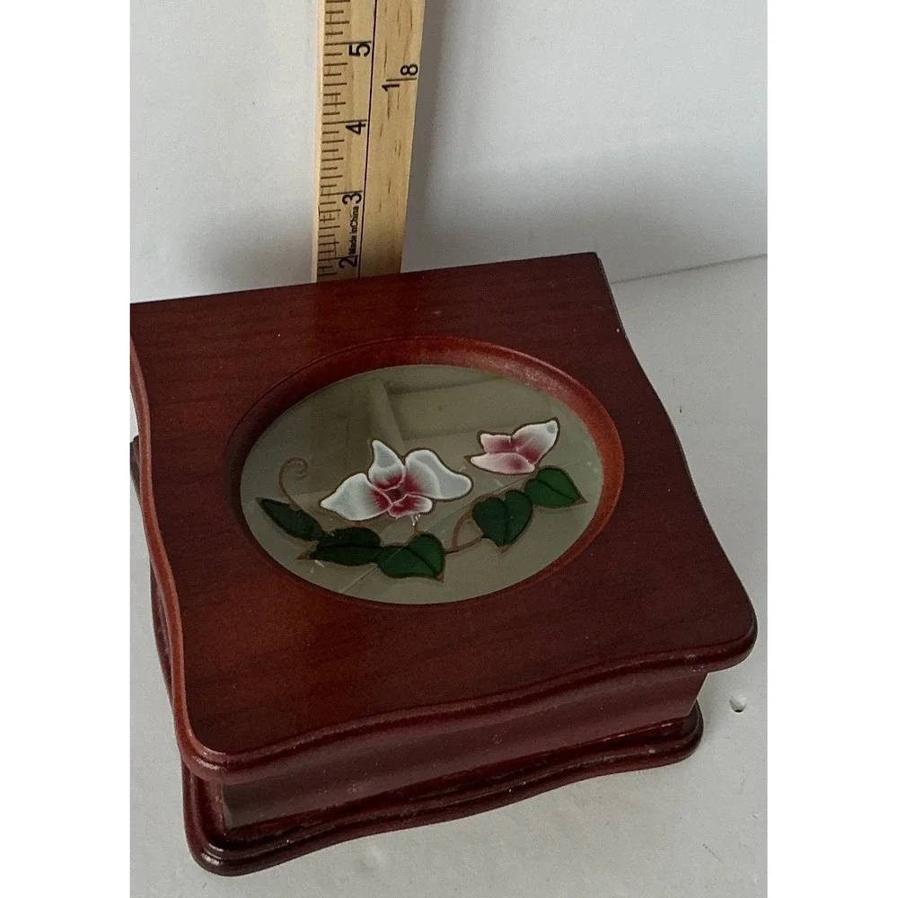 Wooden Jewelry Box Floral Glass‎ Inlay Small Brown Trinket Case
